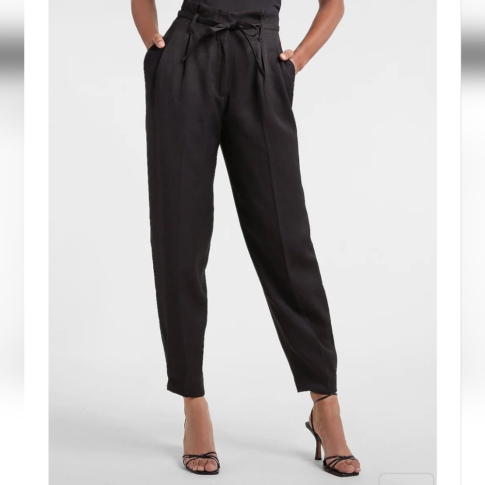 Express Black Linen High Rise Ankle Paperbag Belted Pants Size 2S